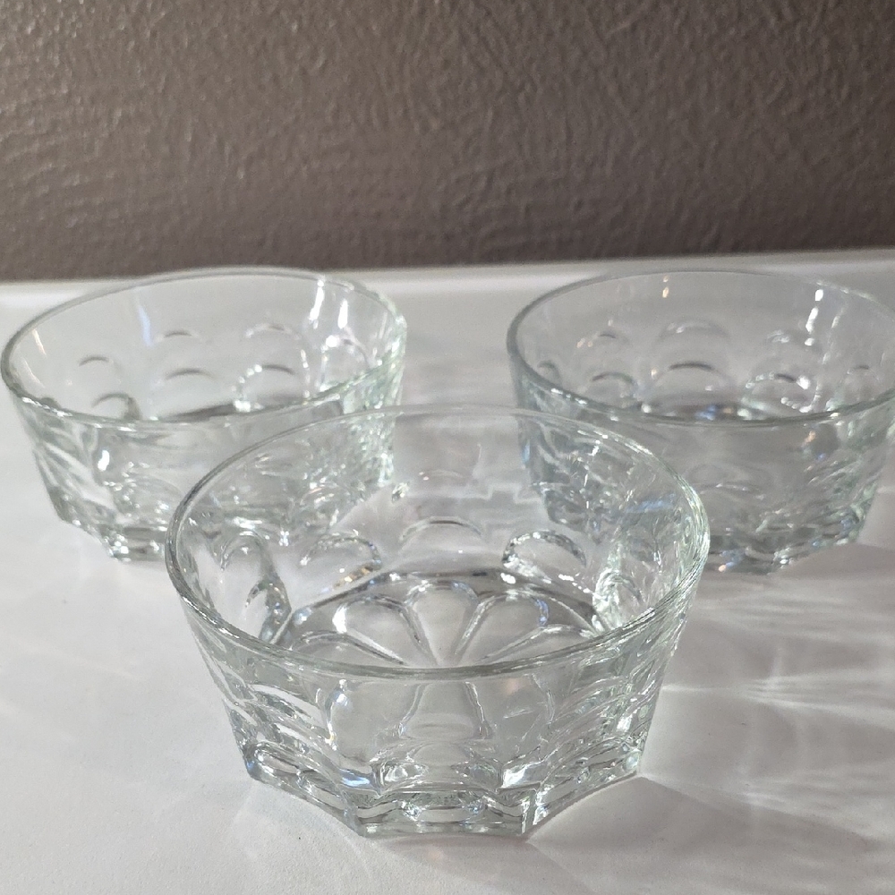 Vintage Duralex  Clear Glass Bowls "Thumbprint" Design 3 Bowls